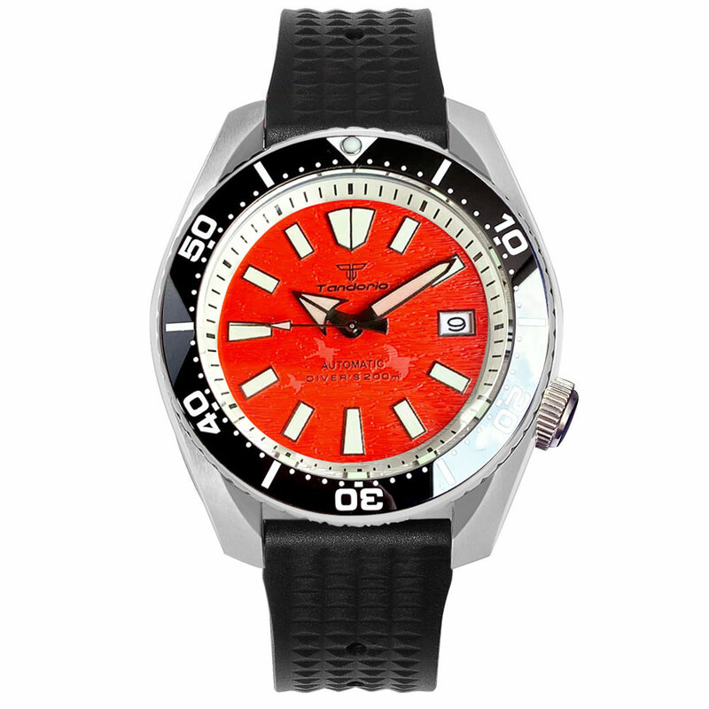 Diver Tandorio Brand 3.8 Steel Mechanical Watch Men NH35 Movt Waterproof Wristwatch Black Waffle Band Orange/White Dial 42.5mm