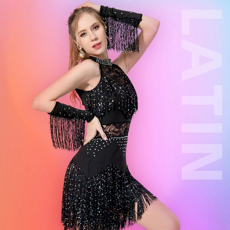 Damski Dancewear taniec Latin cekiny do sukienki frędzle klapa seksowna pusta Salsa balowa Tango Cha Cha Samba sukienka Rave