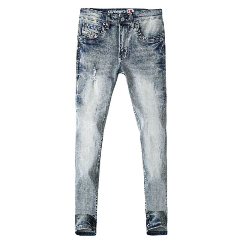 Italian Designer Fashion Men Jeans Retro Gray Blue Plain Washed Elastic Stretch Slim Ripped Jeans Men Vintage Denim Pants Hombre
