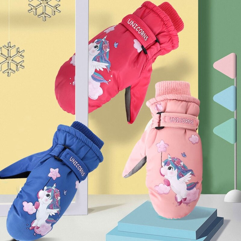Kids Windproof Gloves Mittens Girls Cartoon Print Warm Gloves