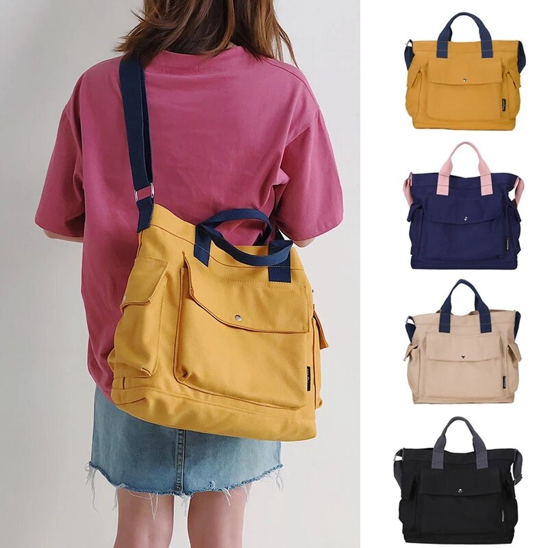 Bolsa de lona japonesa para mulheres, bolsa transversal diagonal de ombro único, mochila estudantil, lona sólida, versão coreana