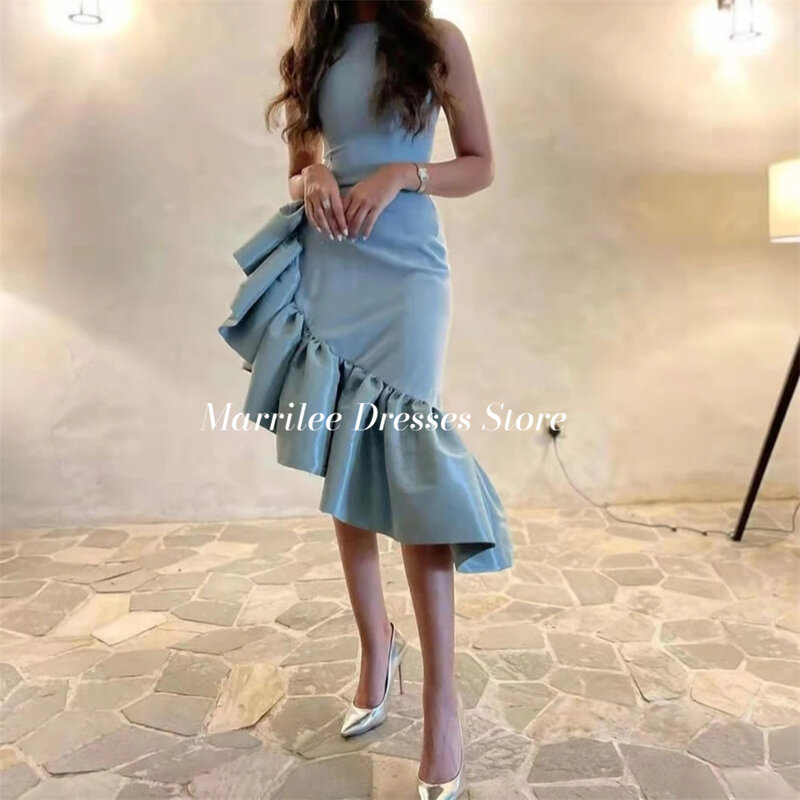 Marrilee Charming Blue Asymmetrical Ruffles Stain Evening Dress Simple O-Neck Mermaid Knee Length Sleeveless Formal Party Gowns