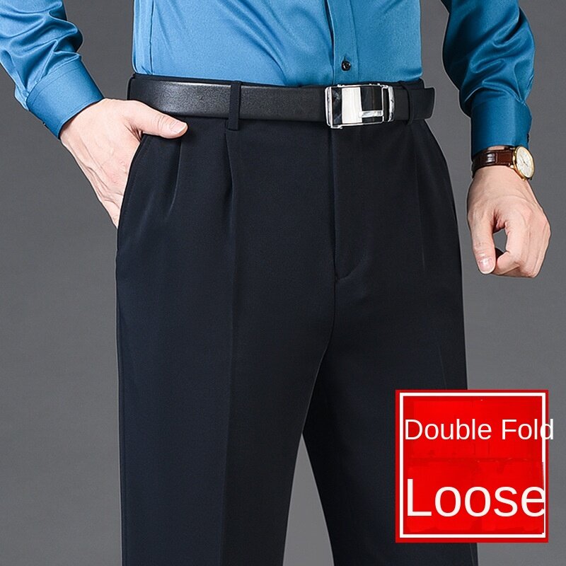 Calça dupla plissada masculina com encaixe solto, calça de cintura alta, casual masculina, calça formal, grossa, outono, inverno