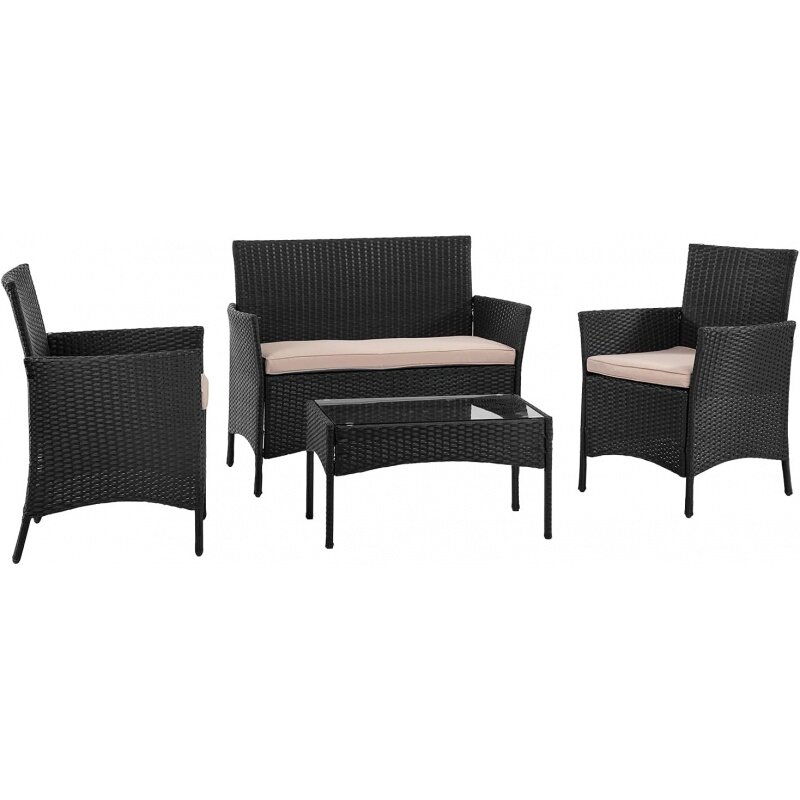FDW Rattan cadeiras de vime Conjuntos Conversa, cadeiras pretas, uso ao ar livre e interno, quintal, gramado, varanda, jardim, varanda