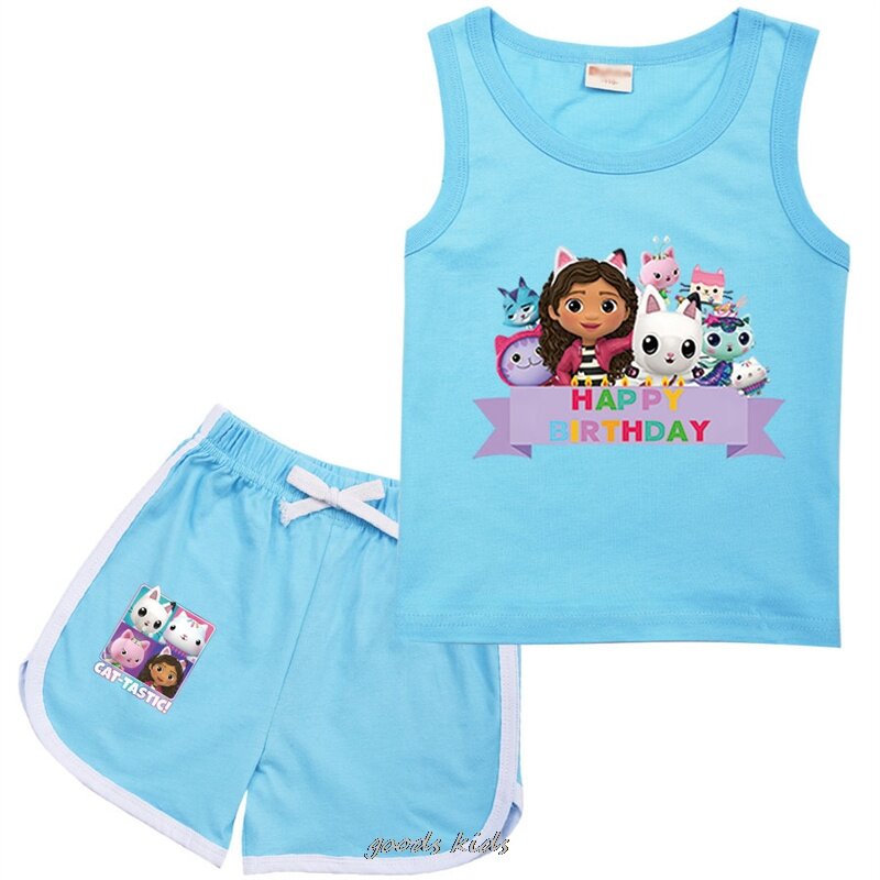Gabby's Dollhouse Cartoon T Shirt para crianças, roupas de verão para meninas, terno esportivo para criança, colete e shorts de manga curta, novos conjuntos 2pcs