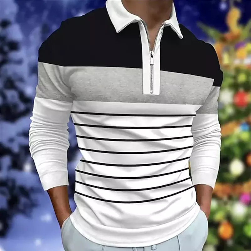 남성용 긴팔 지퍼 폴로 셔츠, 캐주얼 패션 스트라이프 골프 폴로 셔츠, 럭셔리 B 38USD-봄 가을