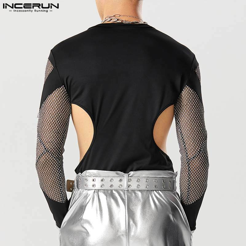 INCERUN-Mono de malla con guantes transparentes para hombre, Camiseta con cuello redondo, manga larga, S-5XL, 2023
