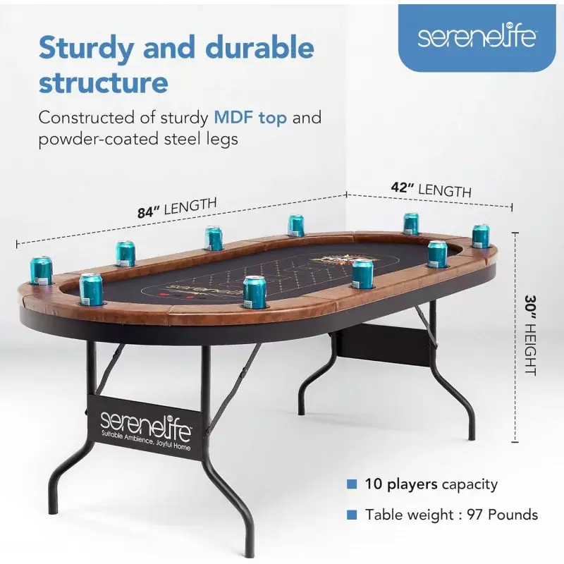 Serenelife-楕円形の折りたたみ式ポーカーテーブル、カジノホールデムテーブル、防水クッションレール、10カップホルダー