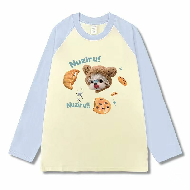 2023 New Shoulder Raglan Salt Long Sleeve Animal Pattern Cute Campus T-shirt Top Loose Korean Version niche  kawaii clothes