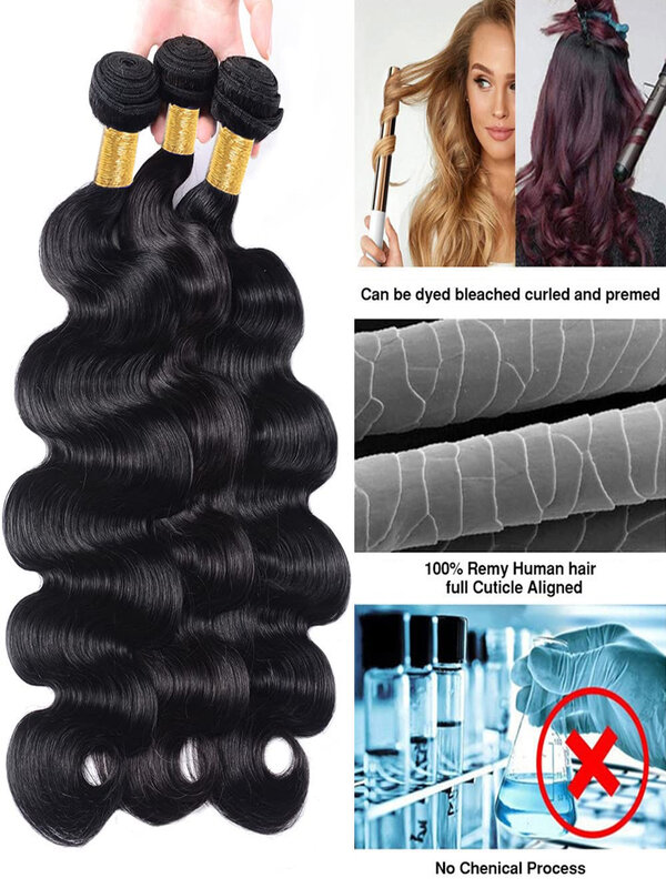 Bundles brésiliens de vague de corps de tissage de cheveux humains, extensions de cheveux vierges, cheveux bruts, noir naturel, richesse de 1, 3, 4 faisceaux, 30 po