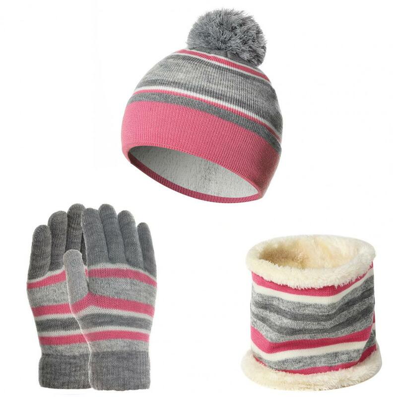 1 Set addensare cappello a maglia sciarpa guanti morbidi elastici autunno inverno striscia berretto in maglia sciarpa guanti per bambini