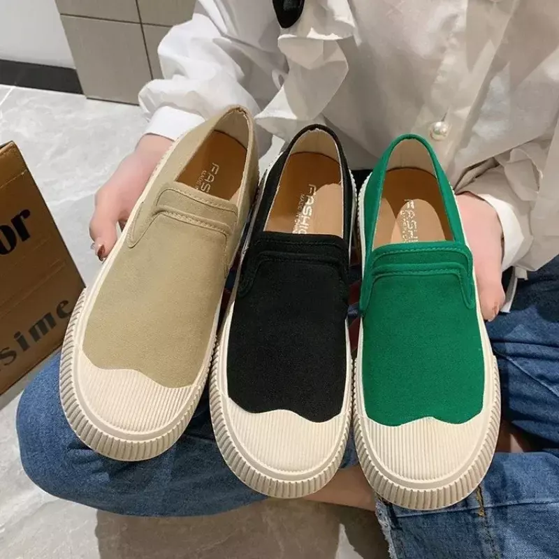 Thick-soled Canvas Casual Shoes for Women  Women's Sneakers Slip-on Flat-bottom Biscuit Women Flats Shoes
