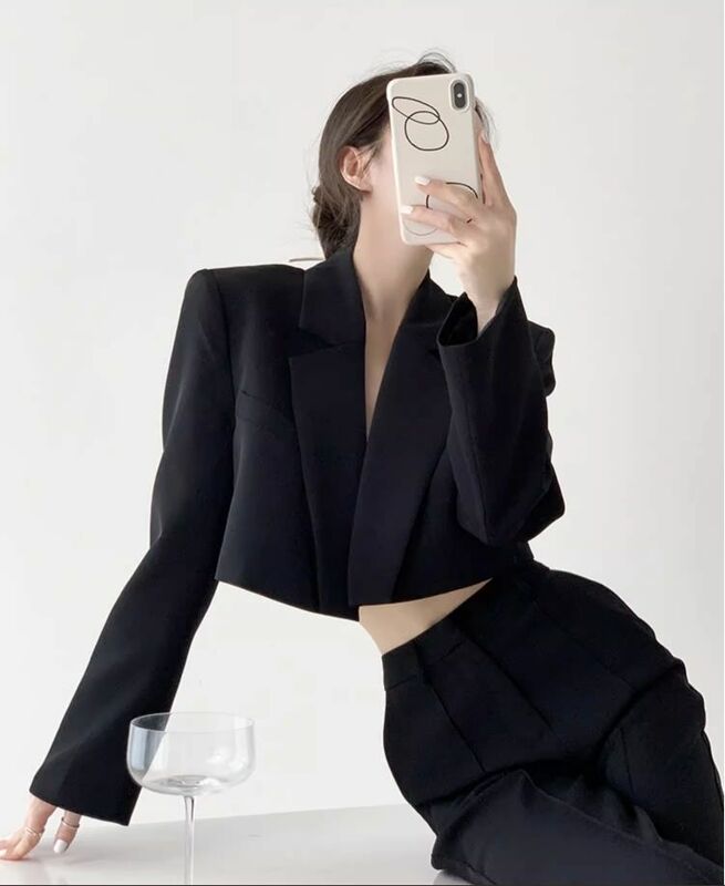 Jaqueta de blazer curto feminina, top simples de cintura alta, roupas de primavera, casaco pendular, moda coreana, 2024