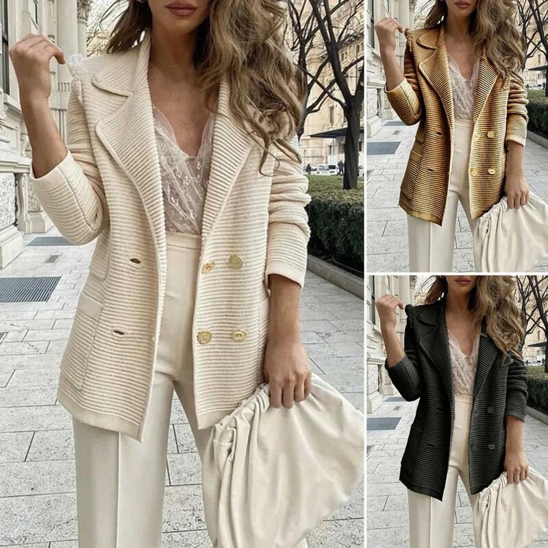 Chaqueta de traje con bolsillos para mujer, abrigo de traje de doble botonadura, chaqueta de negocios cálida de longitud media, elegante