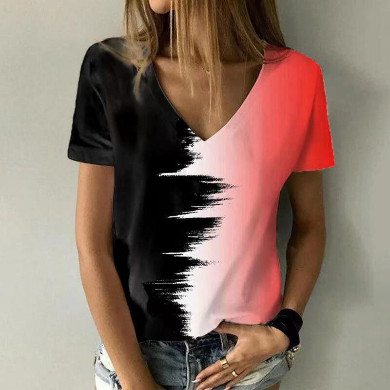 Camiseta feminina casual com decote em v, camiseta básica, pintura abstrata 3D, verde, azul, rosa, roupas de fim de semana, 2023