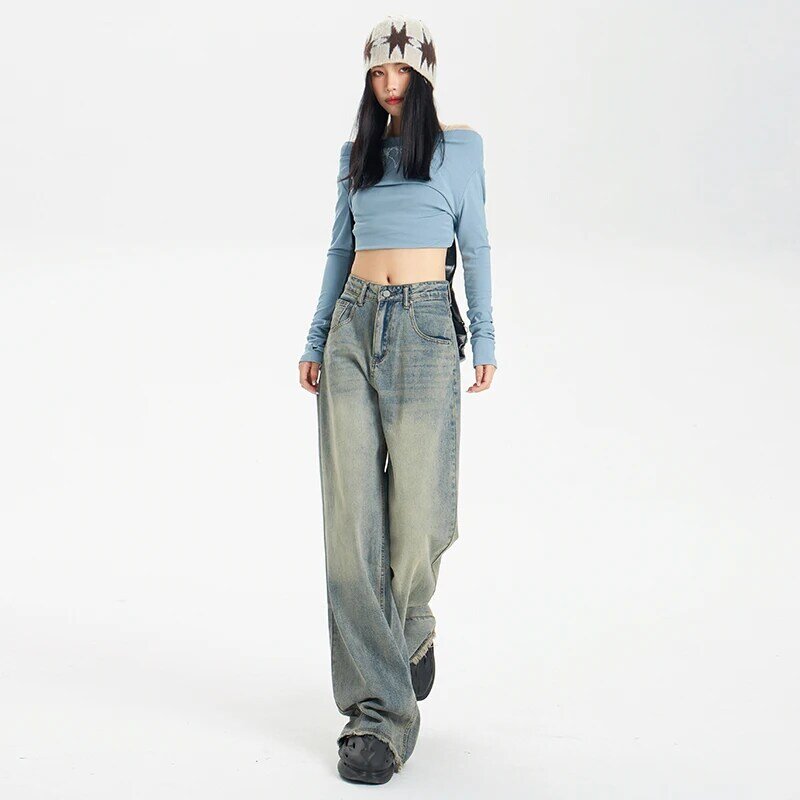 Jeans Baggy vintage de cintura alta perna larga, calças jeans retas Harajuku, calças largas de rua, moda coreana Y2K