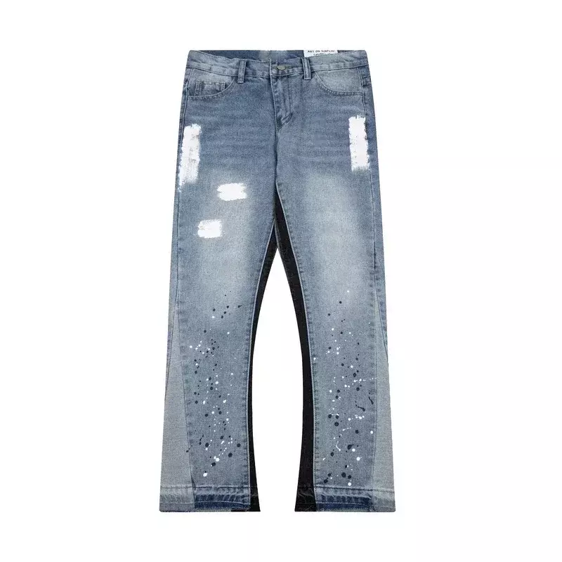 Calça jeans retrô reta masculina e feminina, calça micro-lared, calça micro-lared, splicing, marca de tendência americana, High Street, furo de tinta salpicada, Y2K