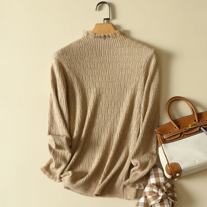 Mock Neck Knitted Solid Women Sweater Pullovers Autumn Winter New 2022 Ruffles Long-Sleeved Elegant Office Lady Pulls Outwears