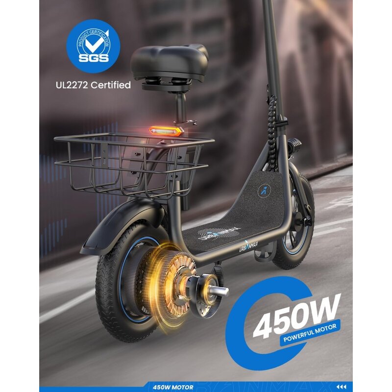 Scooter elétrico dobrável com assento para adultos, motor poderoso, até 22, 25 milhas de alcance, 450W