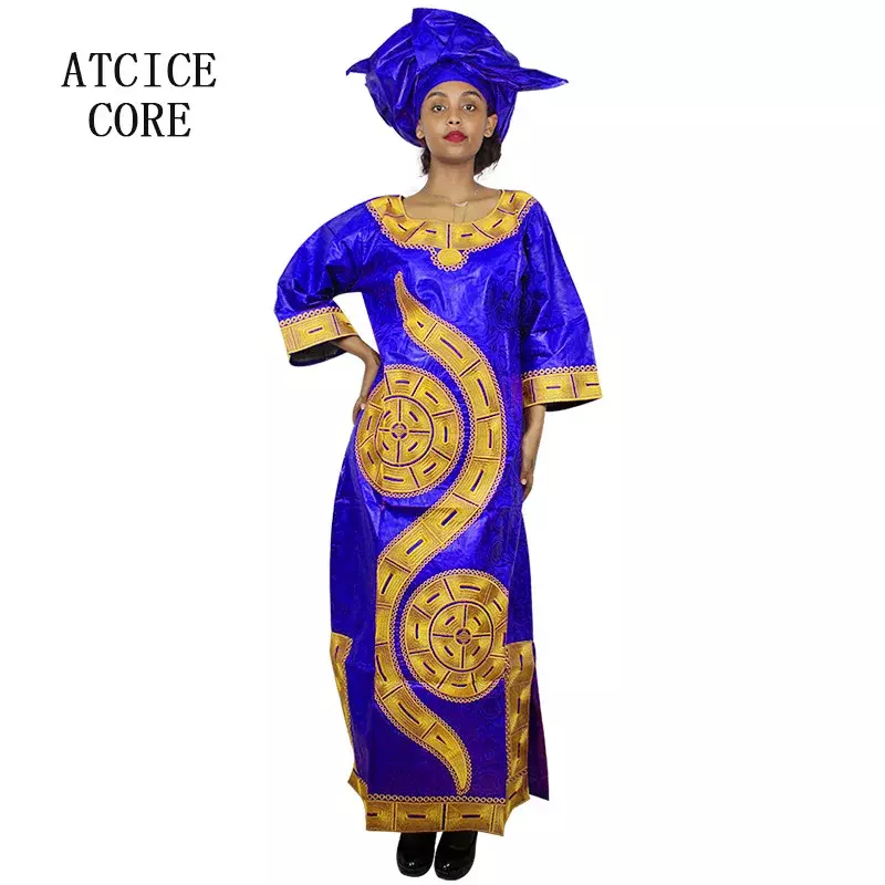 Gaun Afrika untuk Wanita Desain Fashion Gaun Desain Bordir Bazin Afrika Baru Gaun Panjang dengan Syal LA009 #