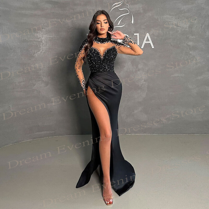 Charming Black Mermaid Sexy Evening Dresses Long Sleeve Sequined Beaded Prom Gowns With Side Split Special Occasion Party Robes
