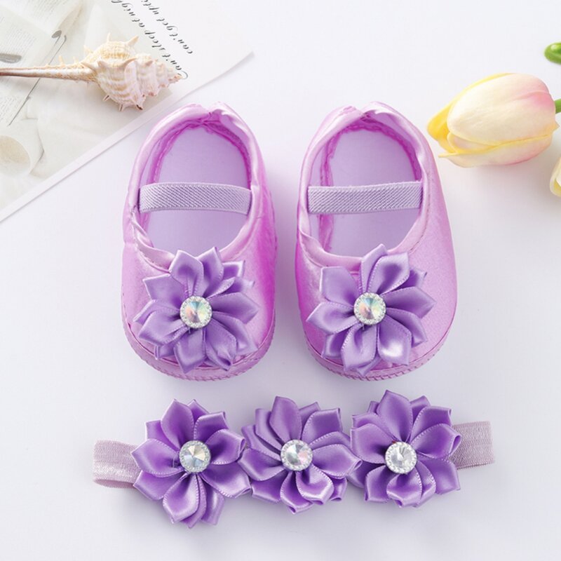 Zapatos de flores de princesa para niñas, conjunto de diadema, primeros zapatos de andador, zapatos de suelo antideslizantes de suela suave, primavera y otoño