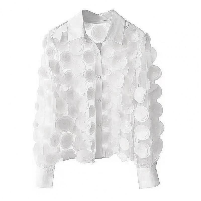 Frauen Sommer Chiffon Shirt Revers Laterne Langarm Shirt Tops 3D Blumen druck Semi-Sheer Mesh Spleißen Einreiher Bluse