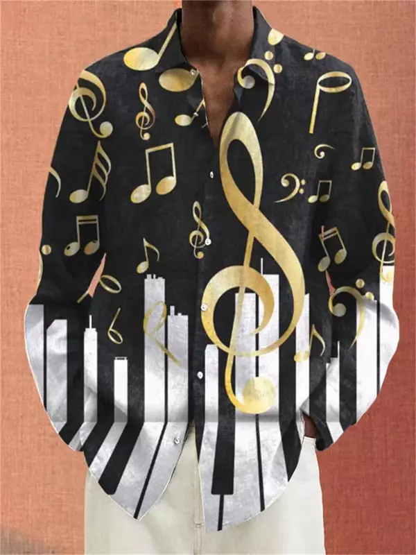 Рубашка мужская с музыкальными нотами и прозрачной графикой, 2023