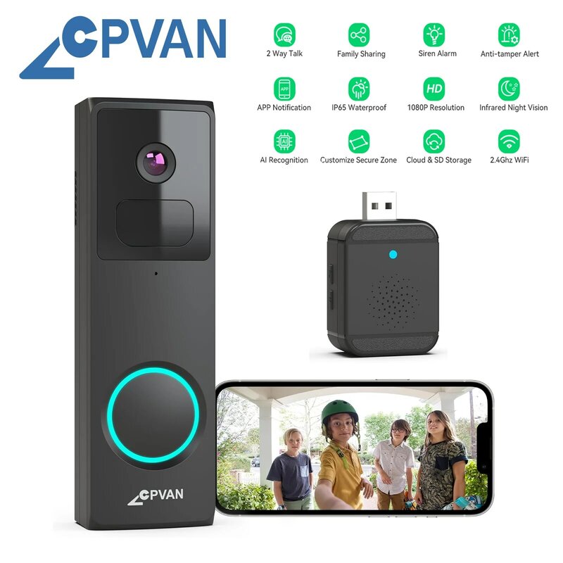 CPVAN-Campainha de Vídeo Inteligente Sem Fio, Segurança Doméstica, Câmera HD 1080P, Áudio Bidirecional, WiFi 2.4G Campainha com Carrilhão, Visão Noturna