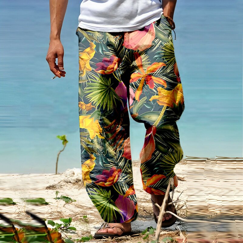 Celana panjang pria musim panas celana panjang pantai nyaman dan kasual liburan sehari-hari semua cetak bermotif celana panjang kaki lebar