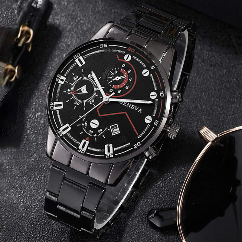 3PC Set Fashion Mens Business Calendar Watches Men Casual Black Bracelet Necklace Stainless Steel Quartz Watch Relogio Masculino