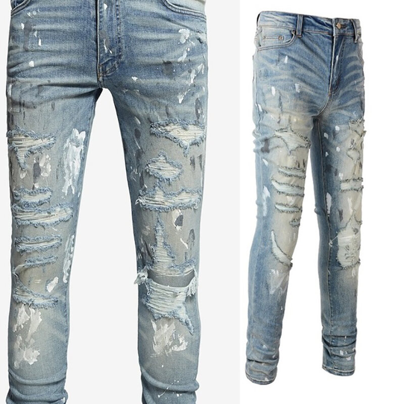 Jeans Pria Baru Streetwear Fashion Distressed Silm Fit Biru Muda Lubang Rusak Dye Patchwork Stretch Graffiti Celana 6530