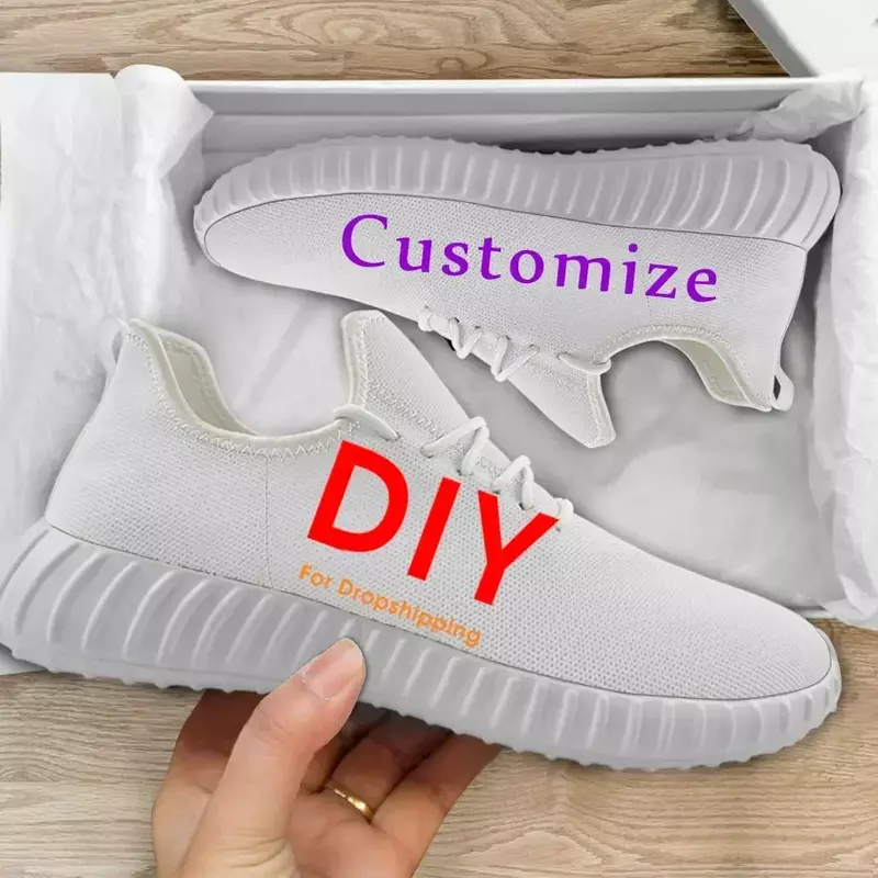 Custom Shoes Customized Logo Women Mesh Knit Sneakers Casual Lace Up Flats Ladies Breathable Fashion Light Shoes Size 35-48 DIY