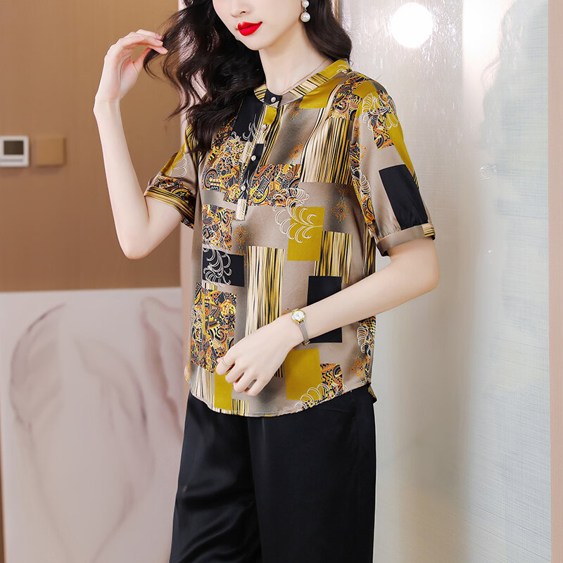 Camisa de seda para mujer, Top holgado con estampado de seda, cuello redondo, camiseta de manga corta fina para mujer 2023