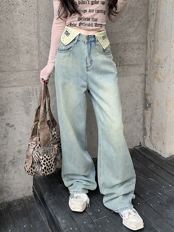 Slergiri Streetwear Vintage manset longgar Jeans untuk wanita 2024 mode Amerika Y2k celana panjang kaki lebar kasual longgar pinggang tinggi