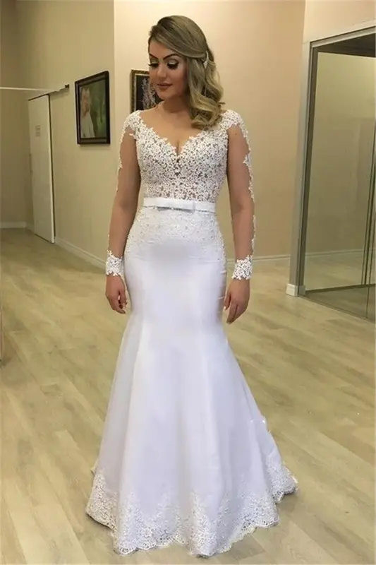 2024 Sheer Long Sleeves Mermaid Wedding Dresses See Through Back Custom Made Appliques Bridal Gowns Modest Vestidos De Novia