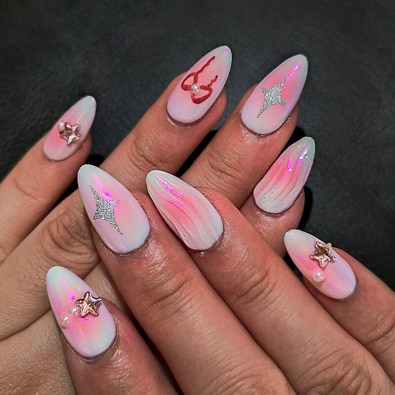 10pcs handmade y2k pink press on nails short almond nails press ons aurora pink fake nails for women stick on nail summer spring