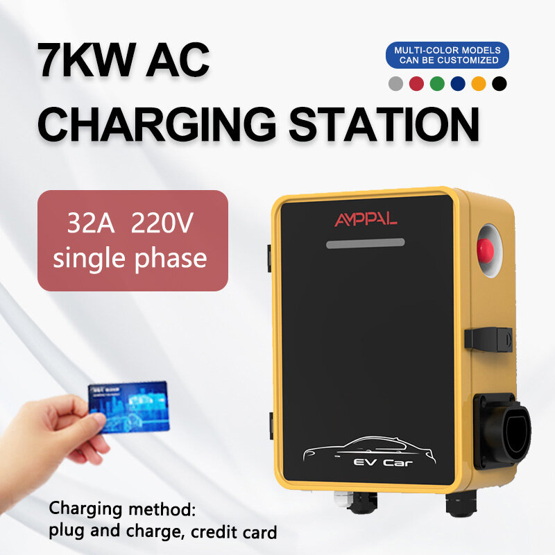 AMPPAL Wallbox EV Charger Type 2 1 Phase 7kw Wall Mount Electric Vehicle Charging Station Swipe to Start with RFID