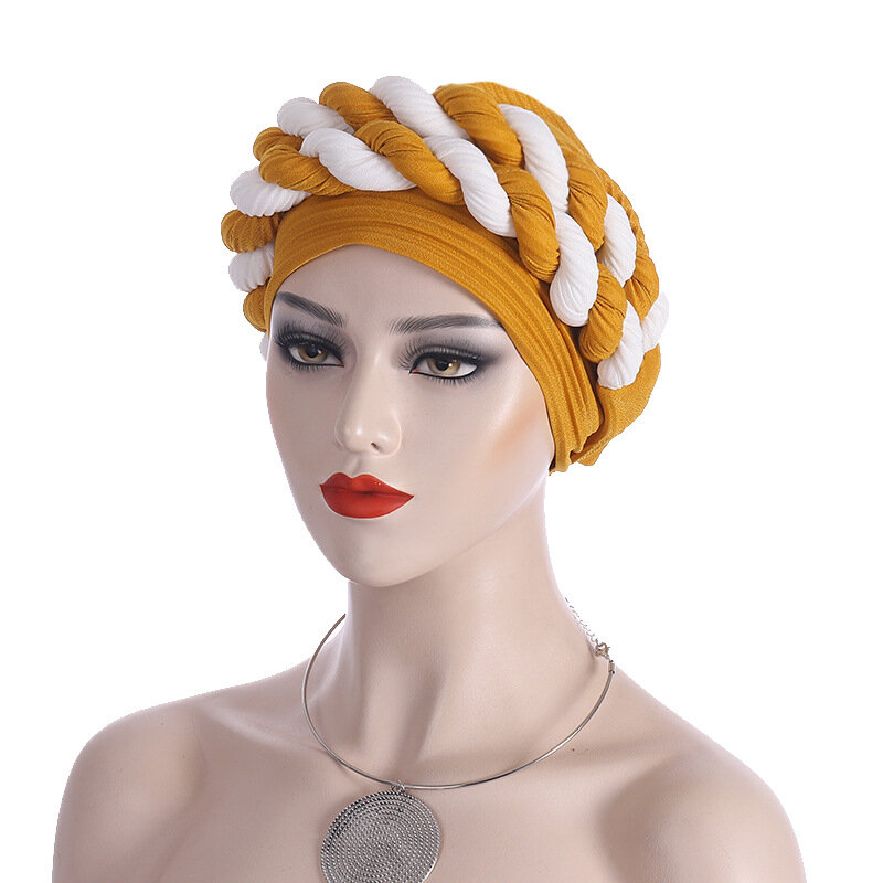 Cappello da turbante intrecciato perline tinta unita da donna musulmano pronto da indossare hijab copricapo elastico islamico avvolgere la testa berretto indiano