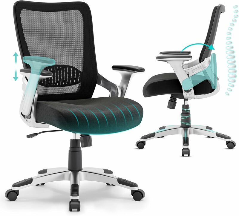 Silla ergonómica de oficina, asiento de escritorio de trabajo de malla con soporte Lumbar ajustable, reposabrazos abatible, función de inclinación, cómoda y ancha