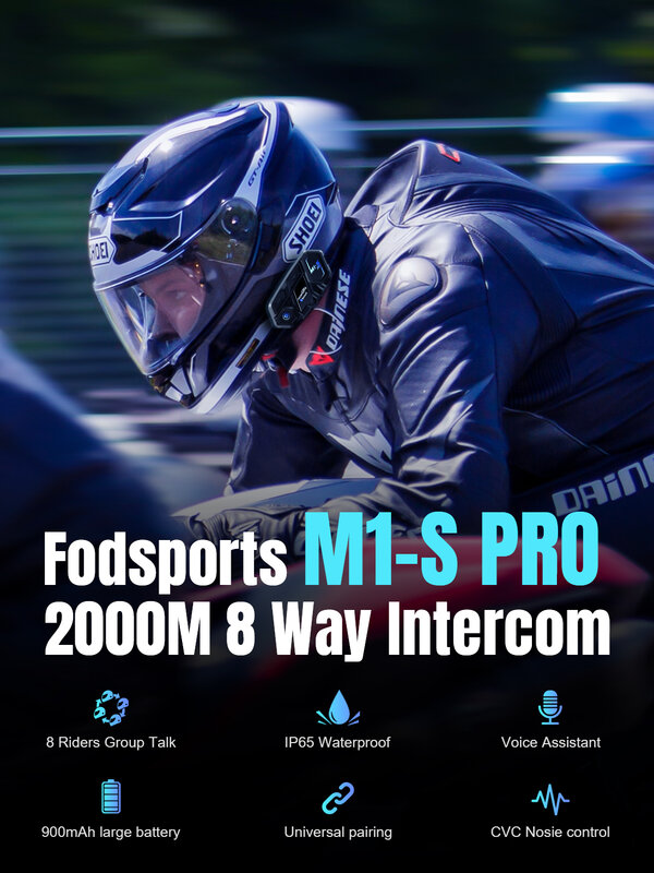 Fodsports-Bluetooth Motocicleta Intercom Capacete, Moto BT Headset, Interphone 8 Riders, M1-S Pro, 2000m