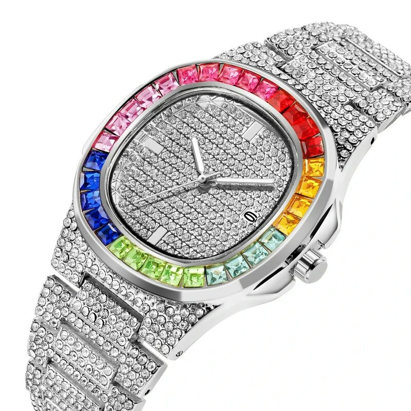 남자 시계, 힙합 아이스 골드 컬러 시계, 쿼츠 럭셔리 풀 다이아몬드 라운드 시계, 스테인레스 스틸 손목 시계, 주얼리 선물