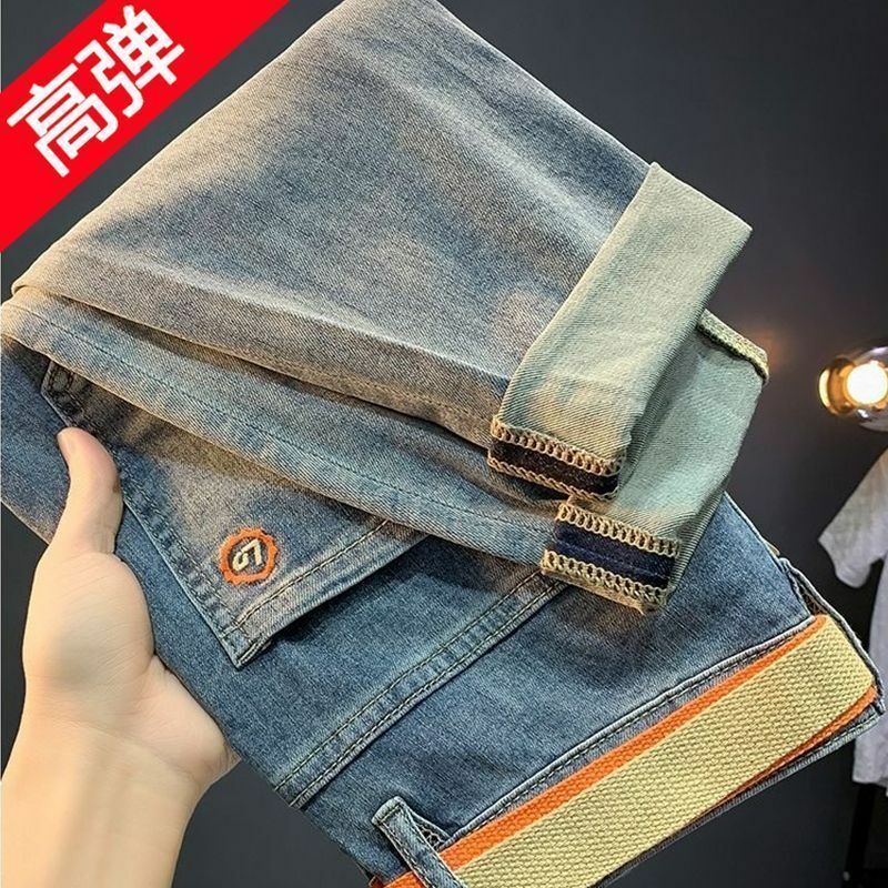 2024 Spring Autumn Men's Casual Jeans Slim Fit Denim Embroidered Korean Style Clothes Punk Streetwear Cowboy Y2k Luxury Pants