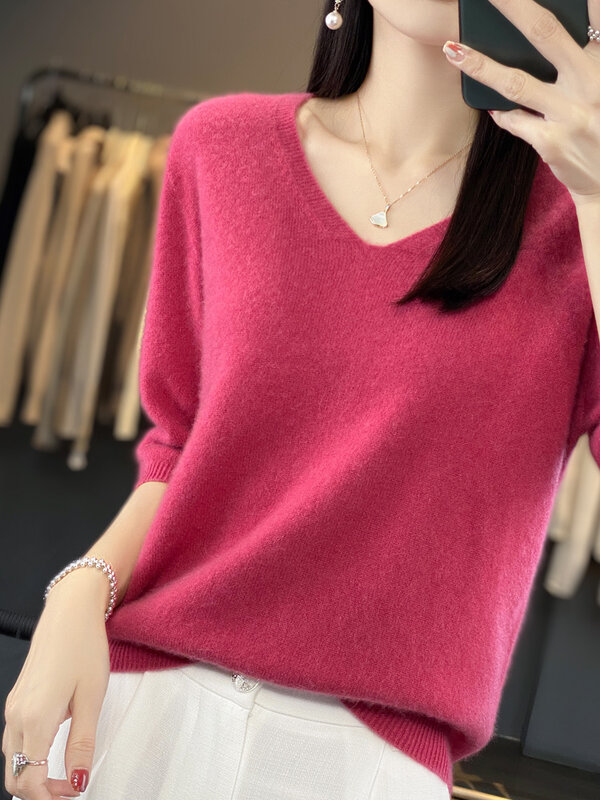 Aliselect-suéteres de punto de manga corta para mujer, jersey de Cachemira de lana merina pura, Top con cuello en V, ropa 100%