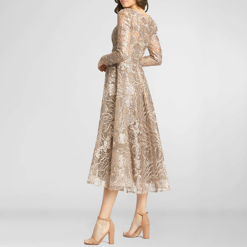 Gaun midi ukuran besar untuk pengantin wanita, Gaun panjang Motif teh warna sampanye renda motif bunga dua lapis