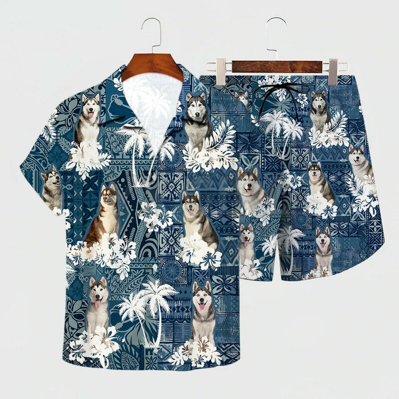 Husky hawaiian conjunto 3d todo impresso hawaii camisa + praia shorts homem para mulher engraçado cachorro sunmmer roupas