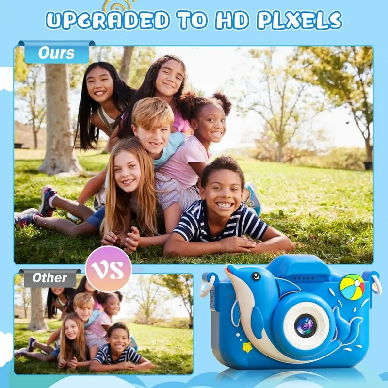 어린이 디지털 카메라 만화 장난감, 실리콘 케이스 포함, 크리스마스 생일 선물, 1080P HD, 32GB