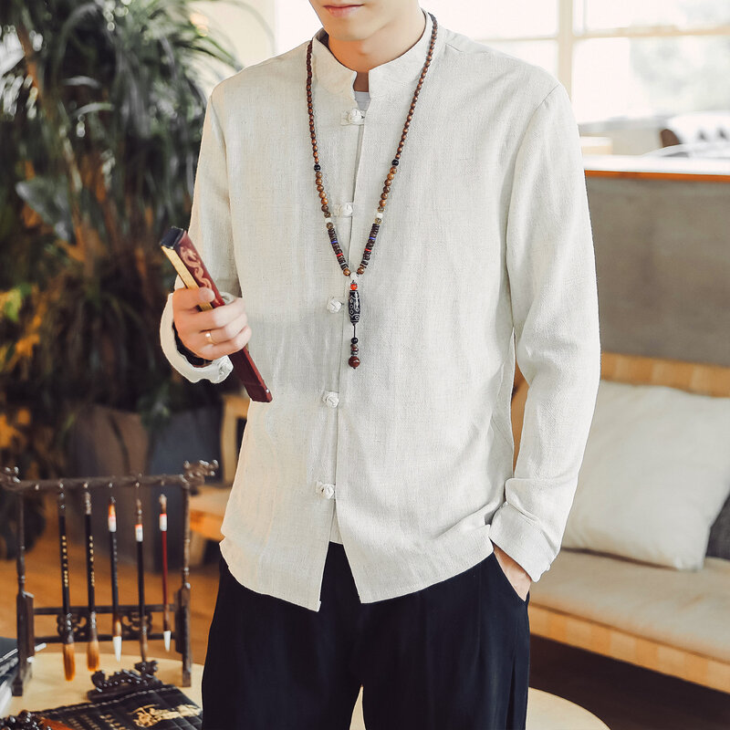 Hanfu Men Casual Shirt Solid Retro Stand Collar Tops Cotton Linen Long Sleeve Chinese Traditional Shirts Men Streetwear