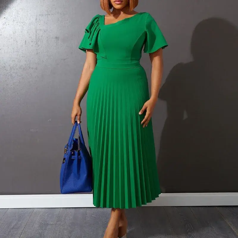 Women Green Pleated Dresses Bow Short Sleeve Elegant  A Line Midi Dress Fashion Formal Party Event African Gowns Big Size