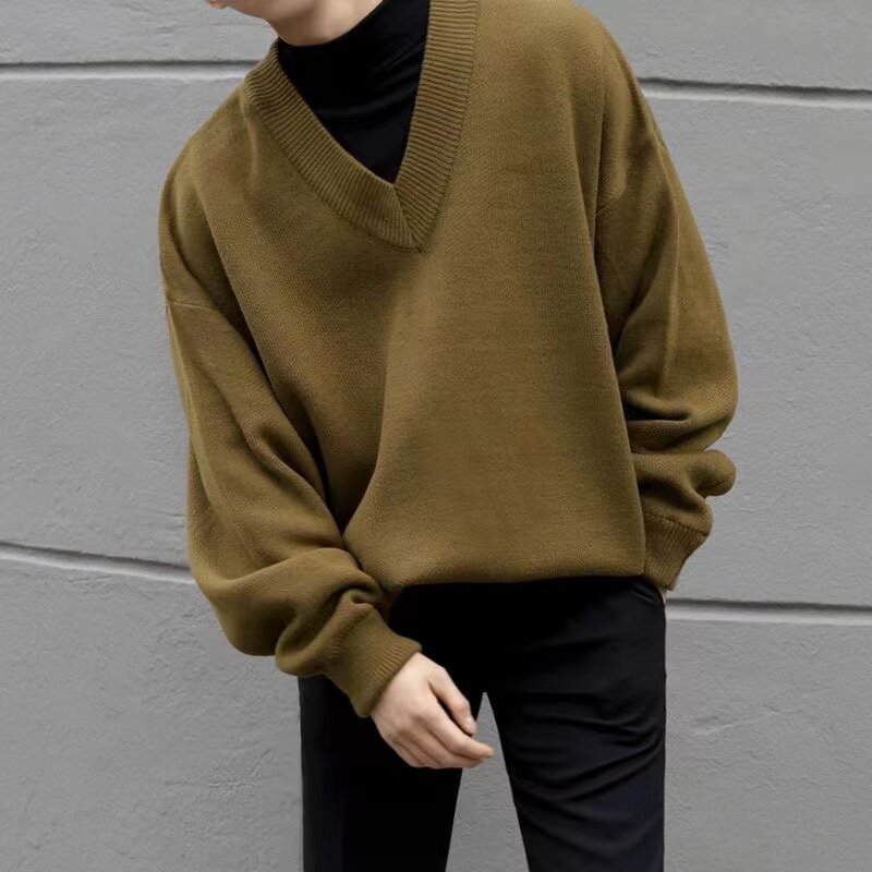 Sweter Rajutan Kerah V Pria Korea Lengan Panjang Longgar Hangat Pullover Pria Sederhana Padat Ramping Sweter Anak Laki-laki 2023
